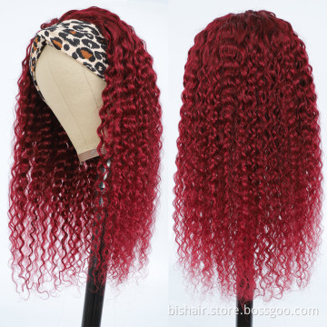 Wholesale Human Hair Headband 99j Burgundy Colored Curly Wave Wig For Women Human Hair 10A Brazilian Remy Hair Curly